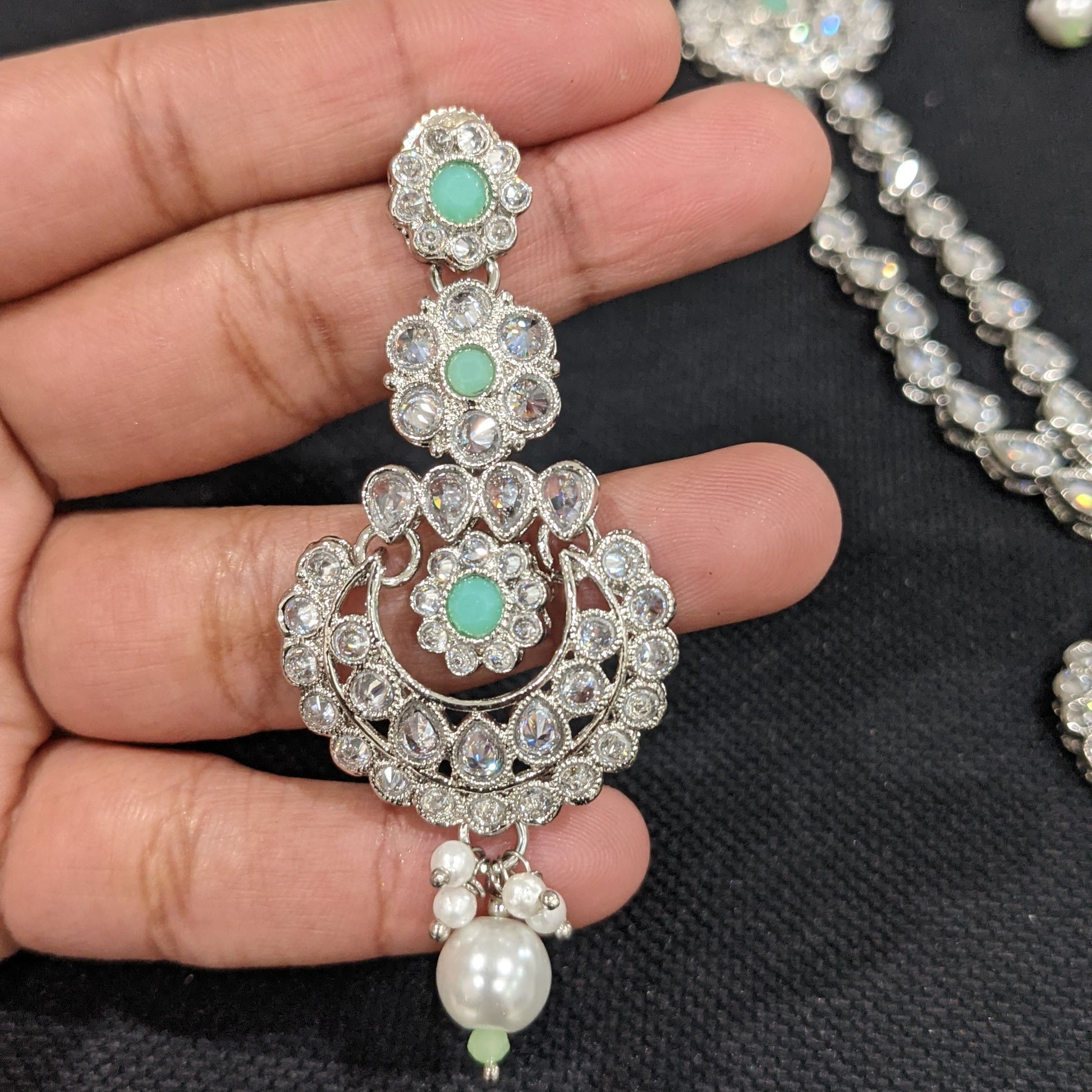 Shiny polki stone Silver Rhodium plated Long Haram Necklace Set – Simpliful  Jewelry
