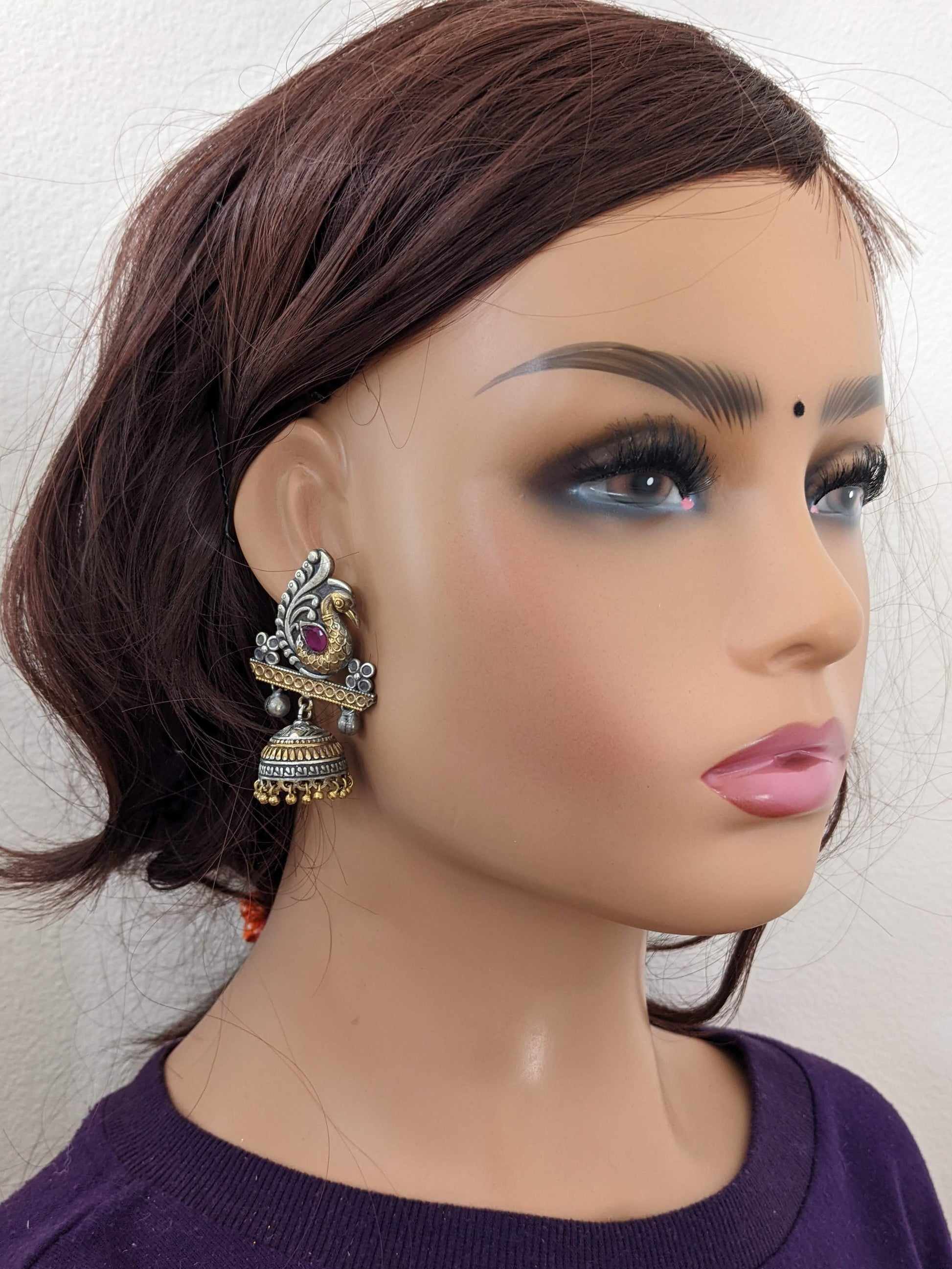 Peacock stud with jhumka hanging dual tone oxidized earring - Simpliful