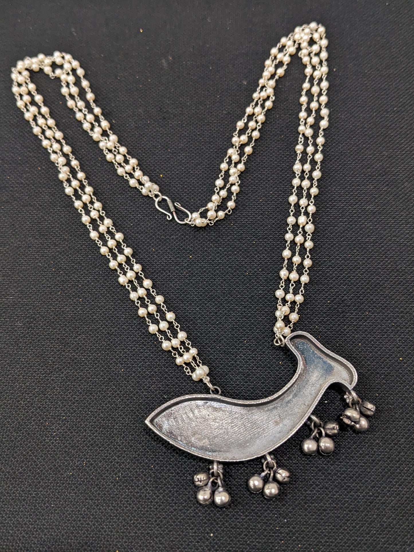 Fish Pendant Pearl Chain Oxidized Silver Necklace