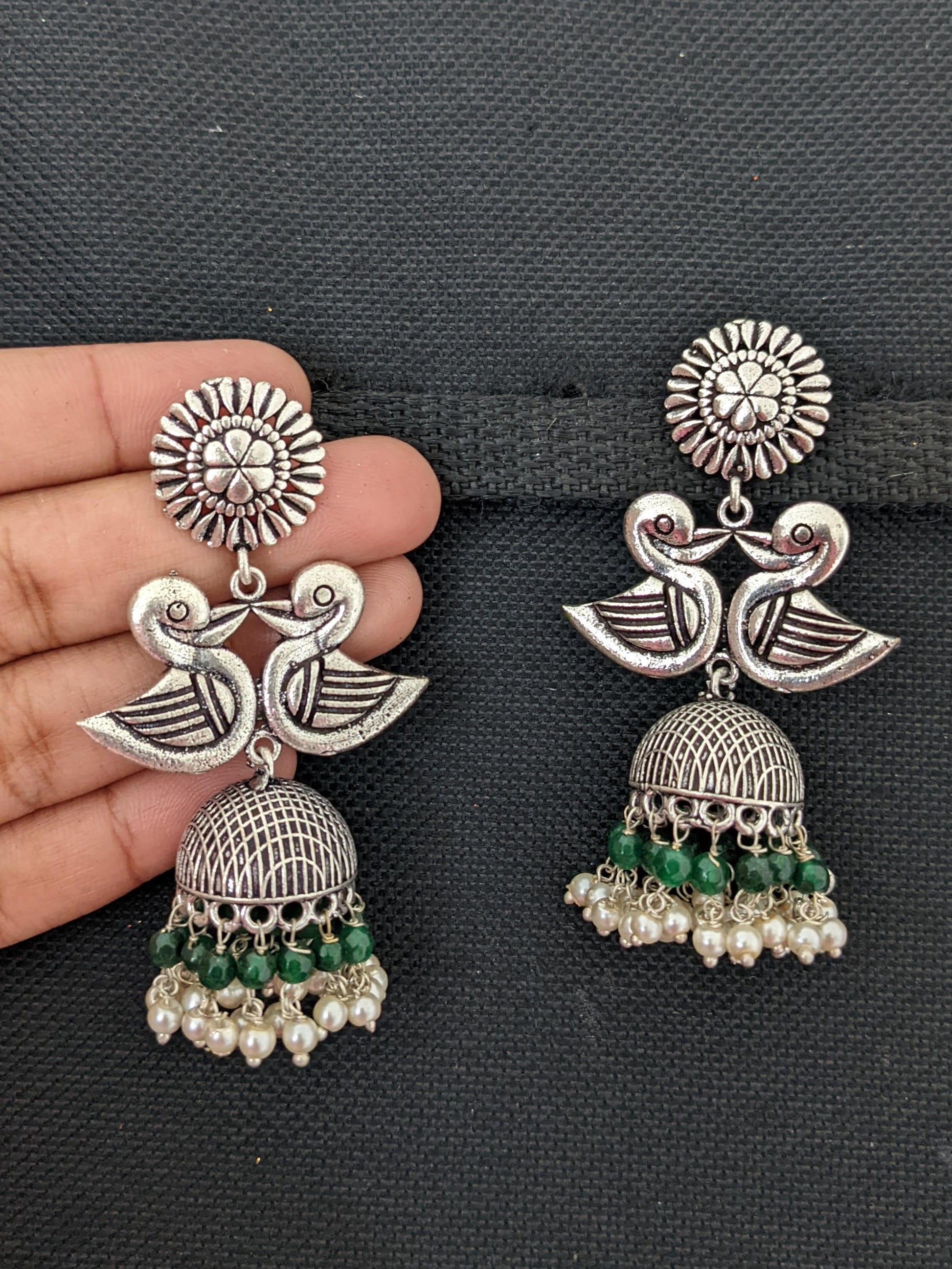 Oxidized silver dual swan jhumka Earrings - Simpliful