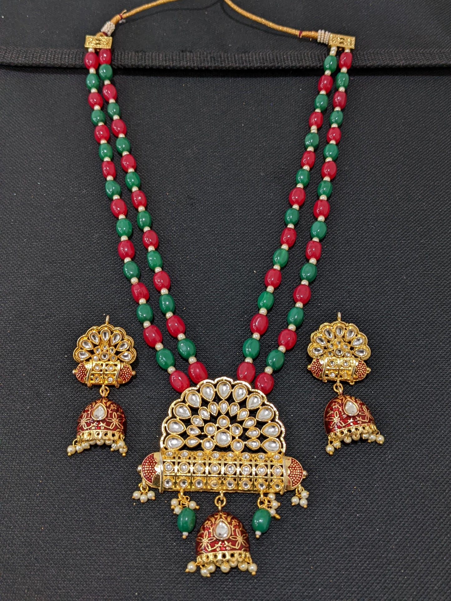 Dual strand Oval bead Necklace Kundan Pendant and Earrings set