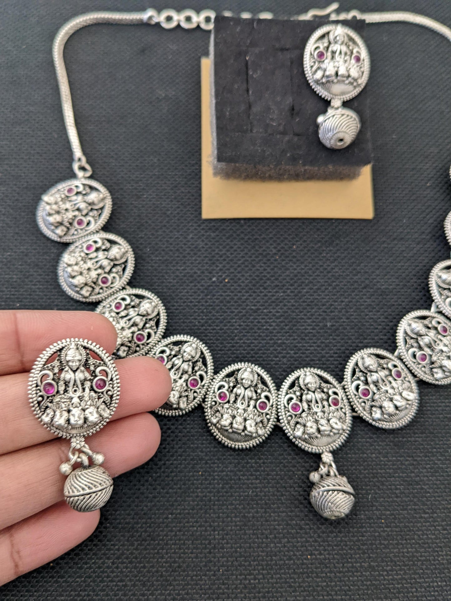 Goddess Lakshmi matte silver Necklace and Earrings set