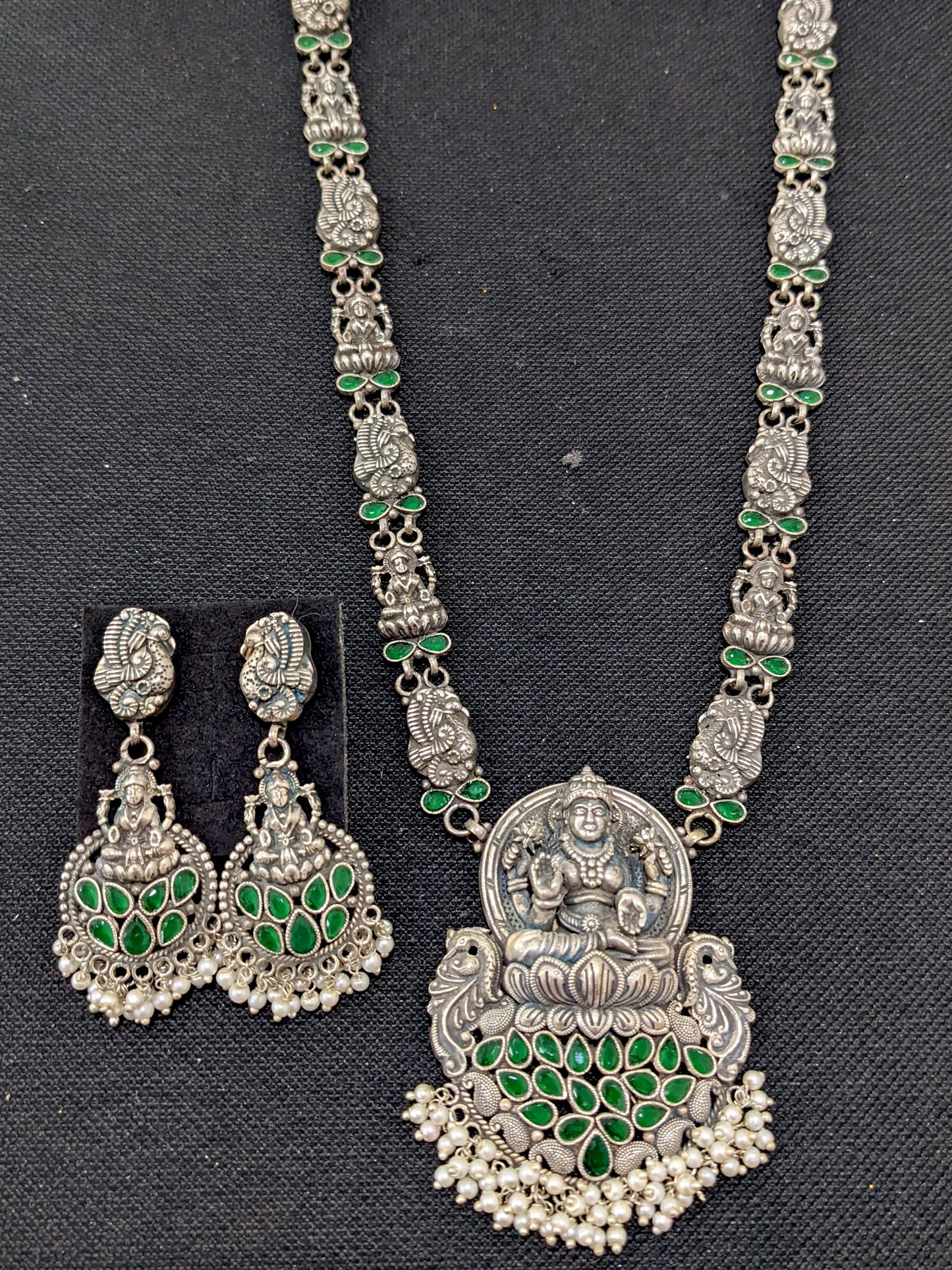 Lakshmi ji design CZ stone German Silver Long haram and earrings set