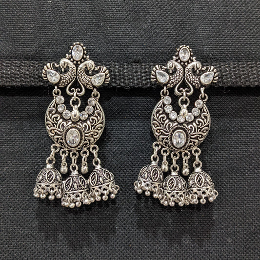 Oxidized silver White CZ Multiple jhumka Earrings