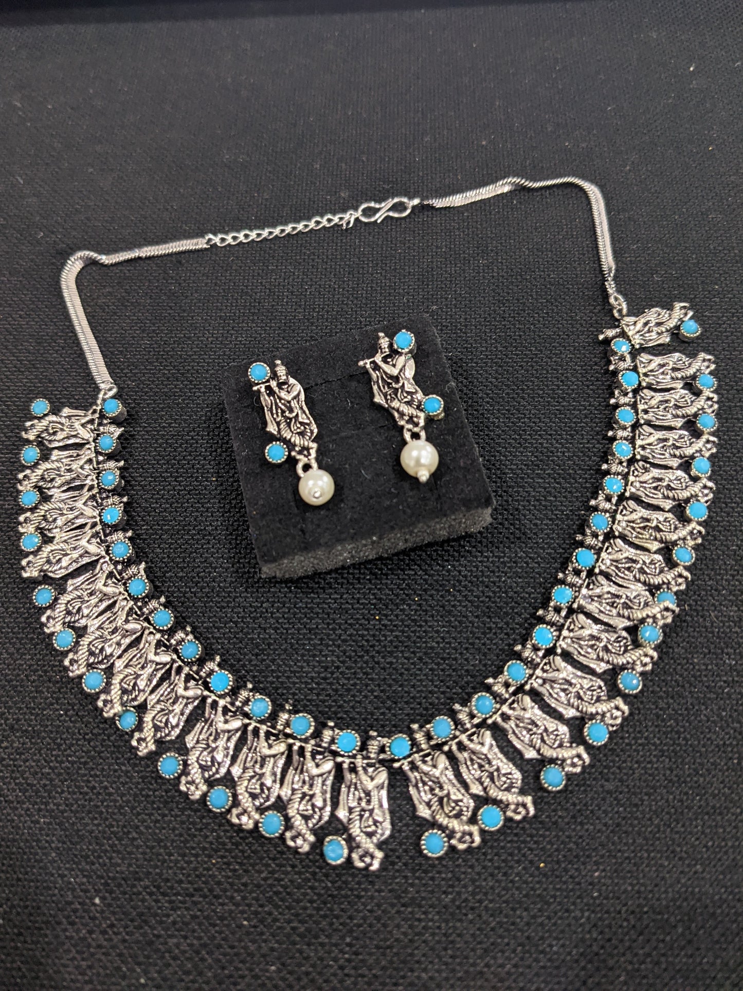 Oxidized Silver Lord Krishna Charm Choker Necklace and Earring set