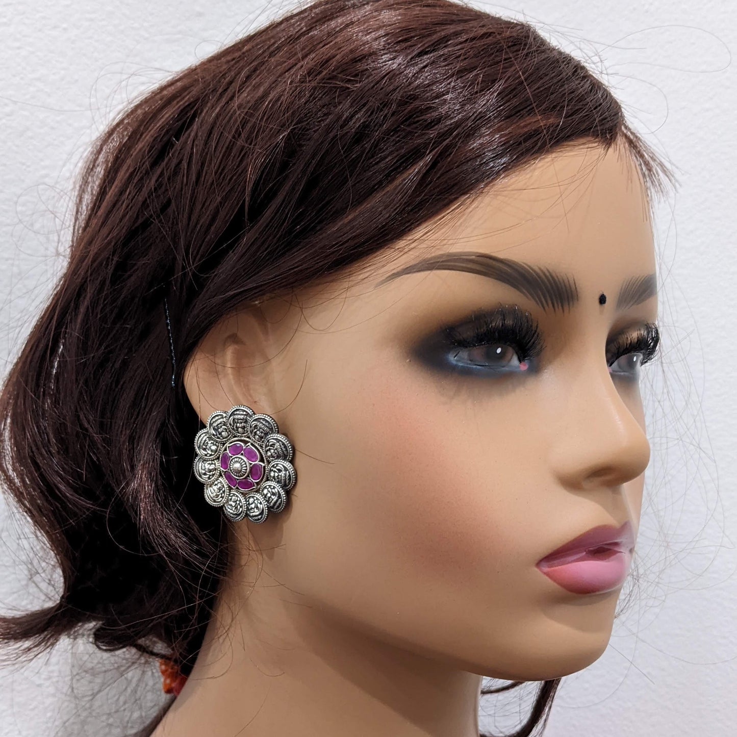 German silver Goddess Lakshmi large stud earrings - Simpliful
