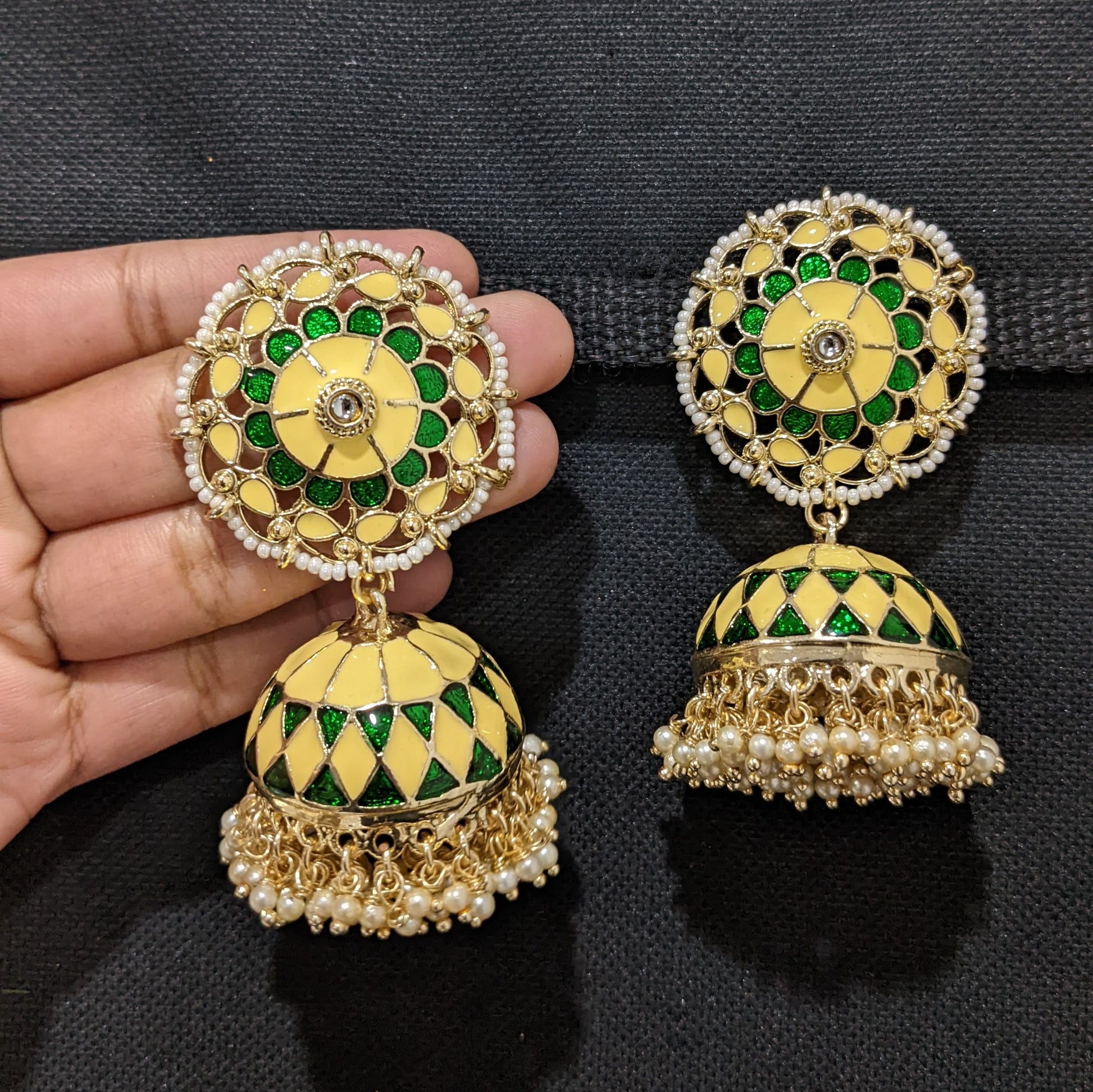 Yellow Green XL Size Enamel jhumka earrings - Main Image