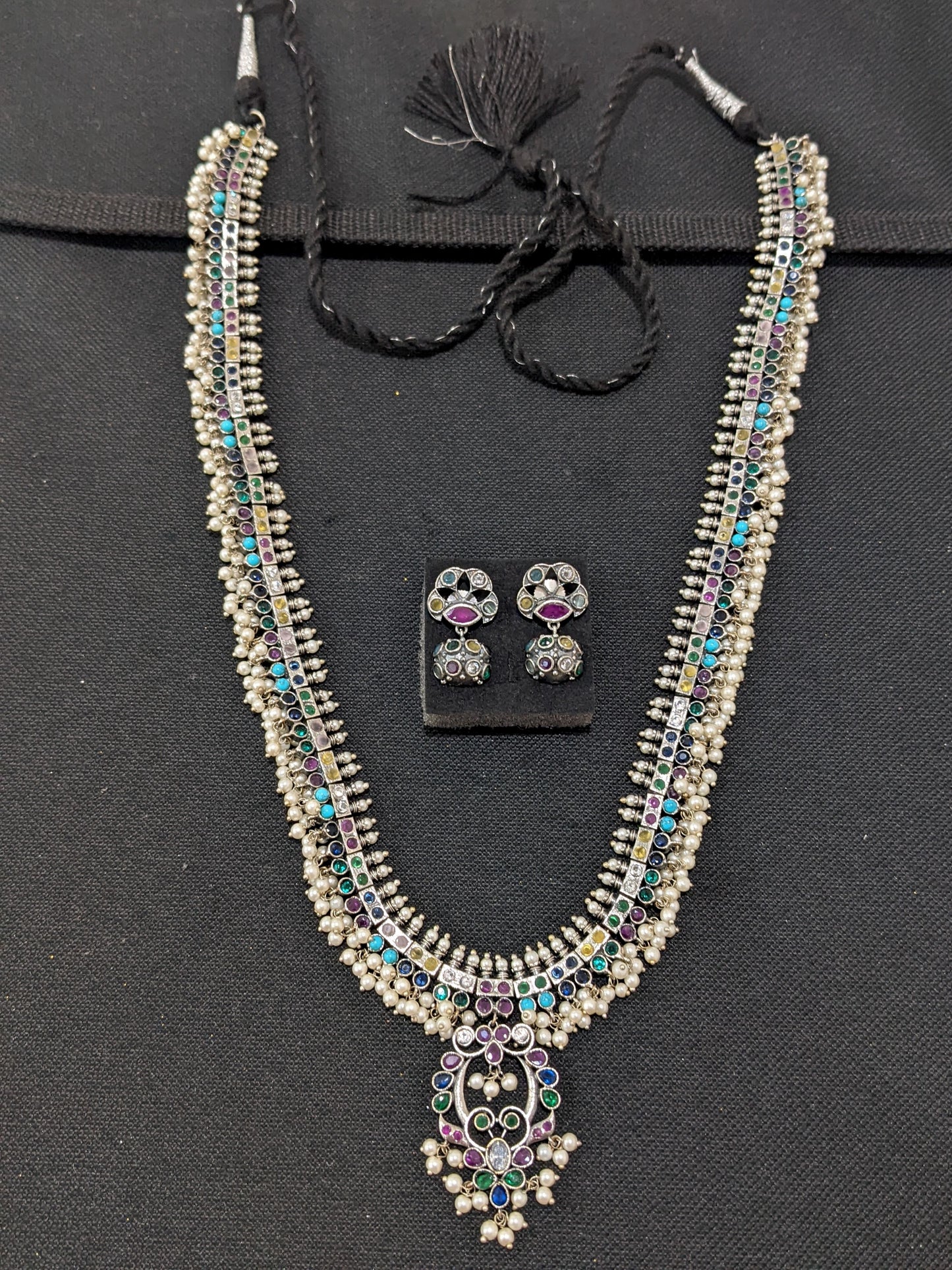 Multi color CZ stone Guttapusalu German Silver Long haram and earrings set