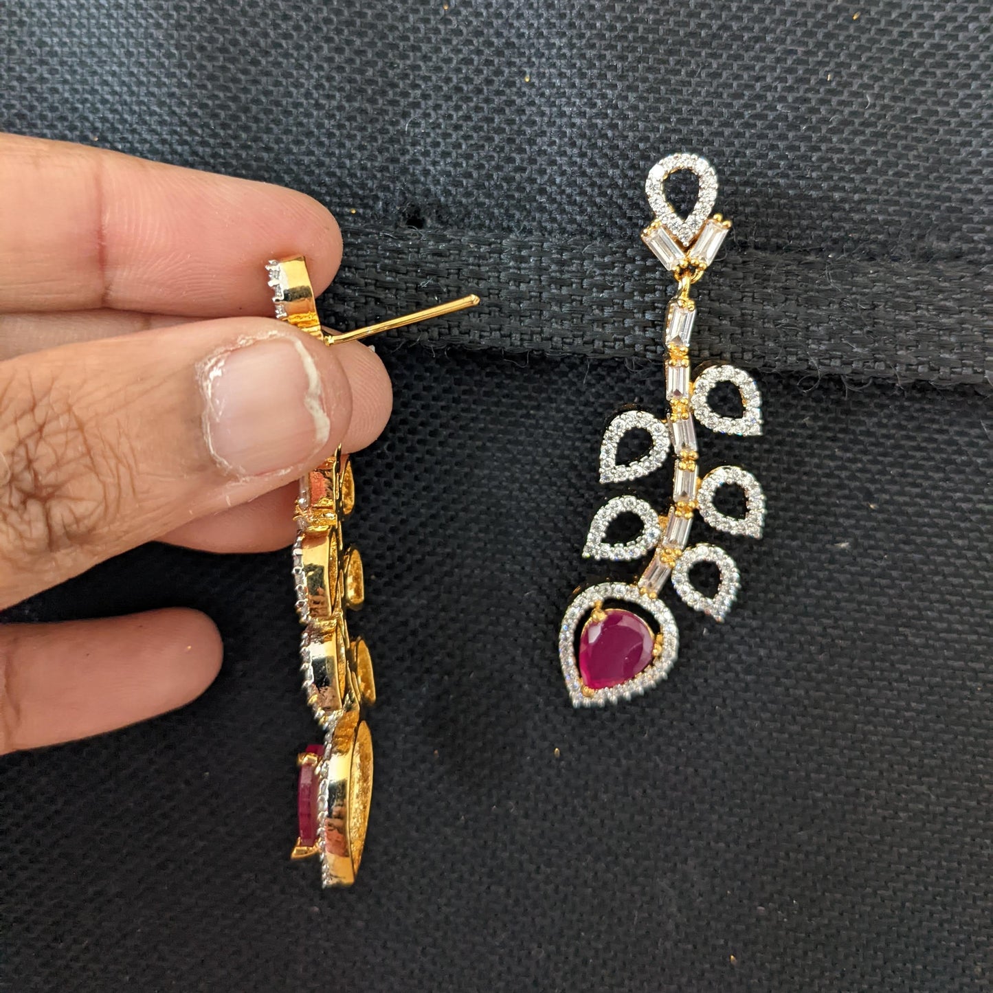 Leaf design dual tone gold plated CZ Earrings