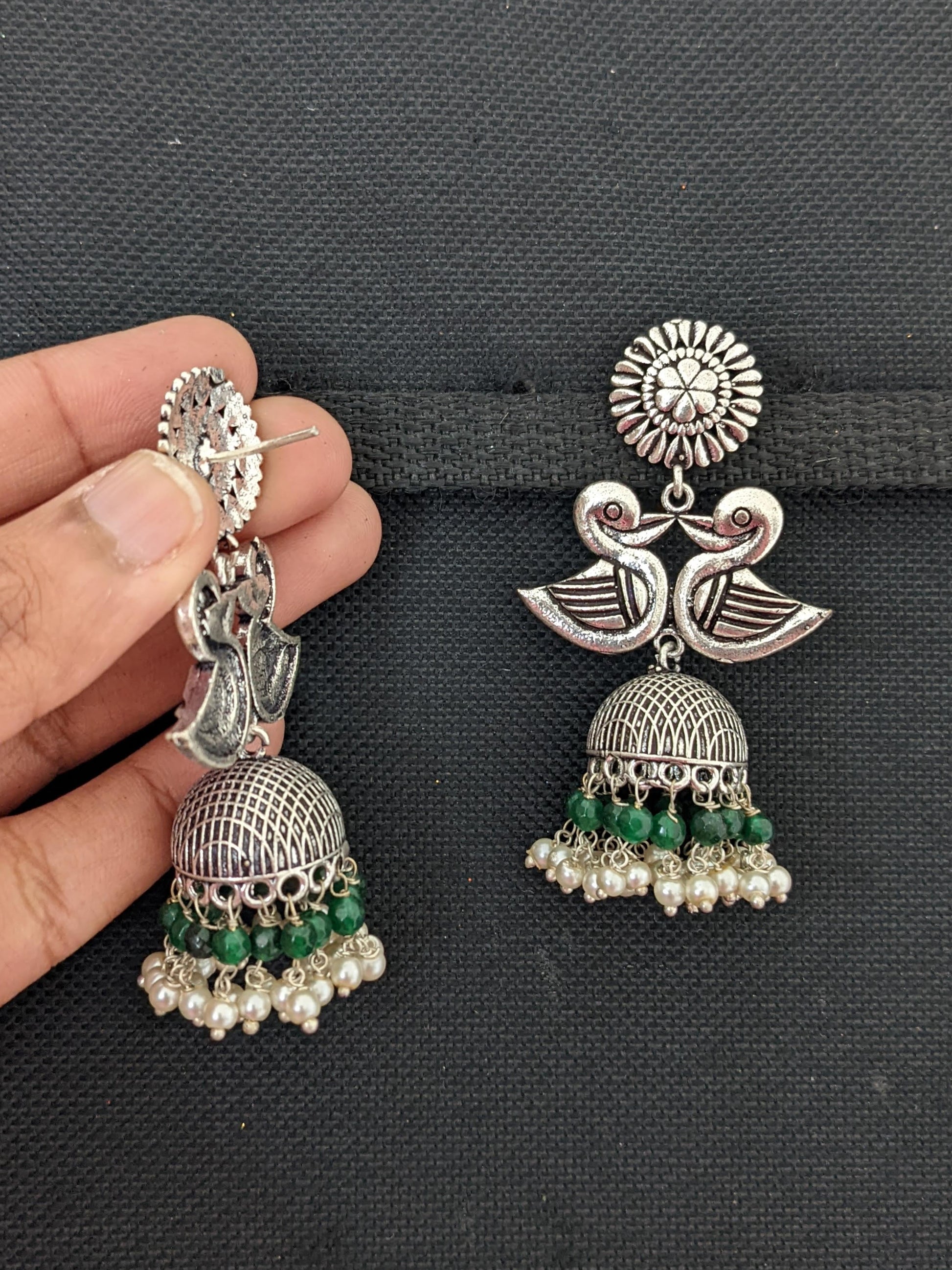 Oxidized silver dual swan jhumka Earrings - Simpliful