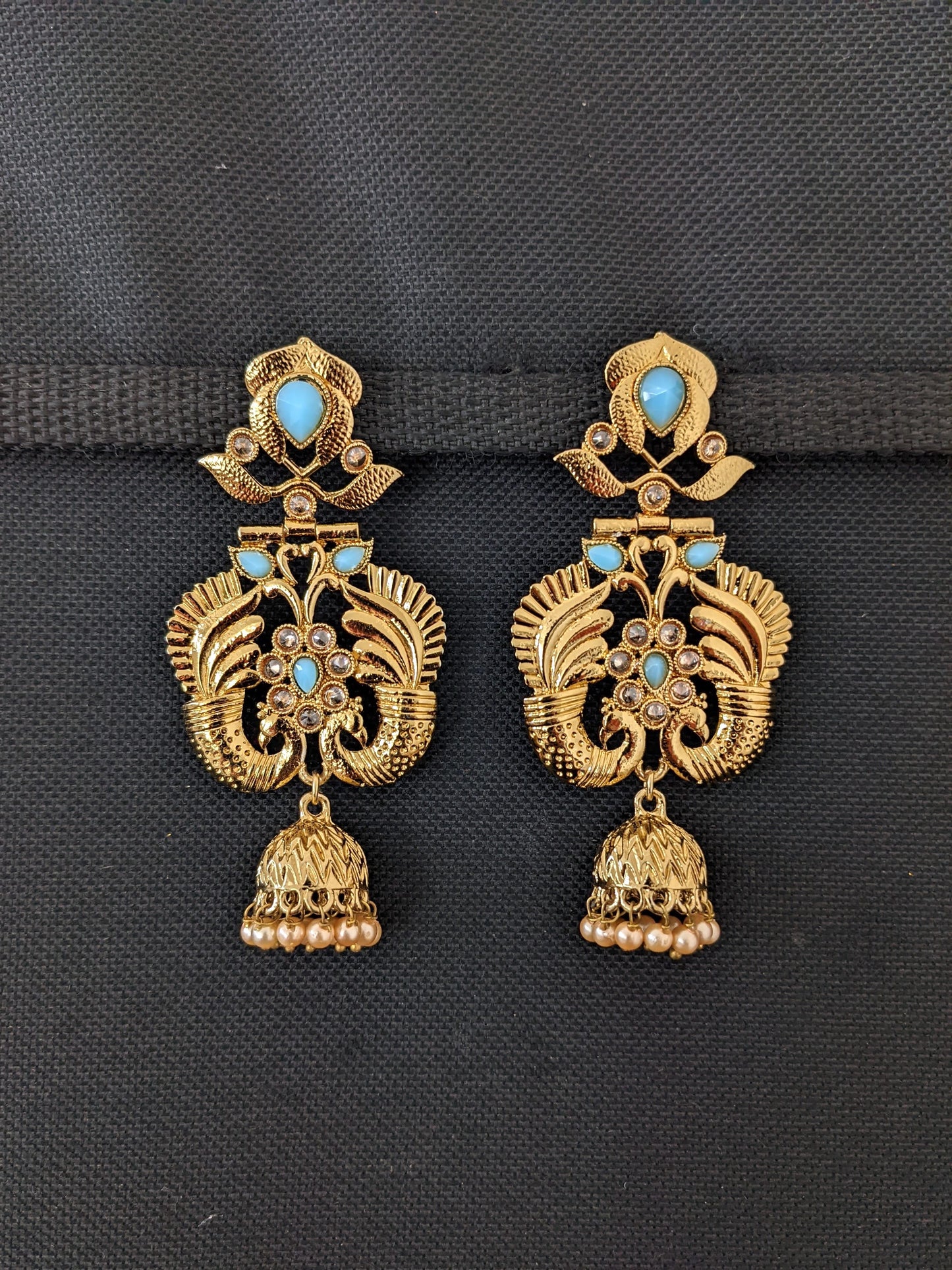 Dual Peacock Mehandi gold plated Long Jhumka Earrings
