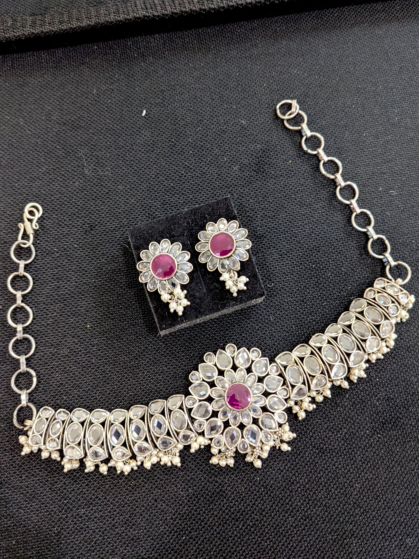 Guttapusalu CZ stone oxidized silver Choker Necklace and Stud Earrings set