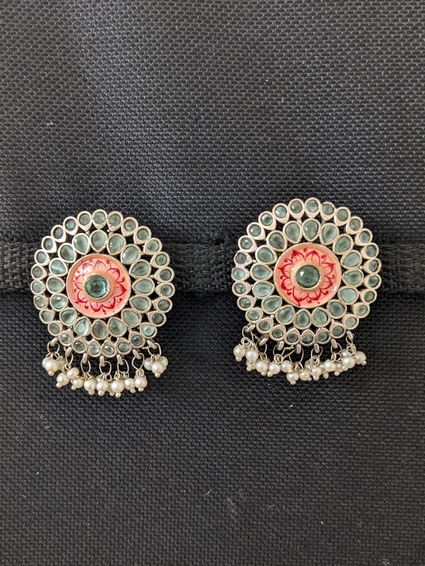 German Silver CZ stone Enamel Round Stud Earrings