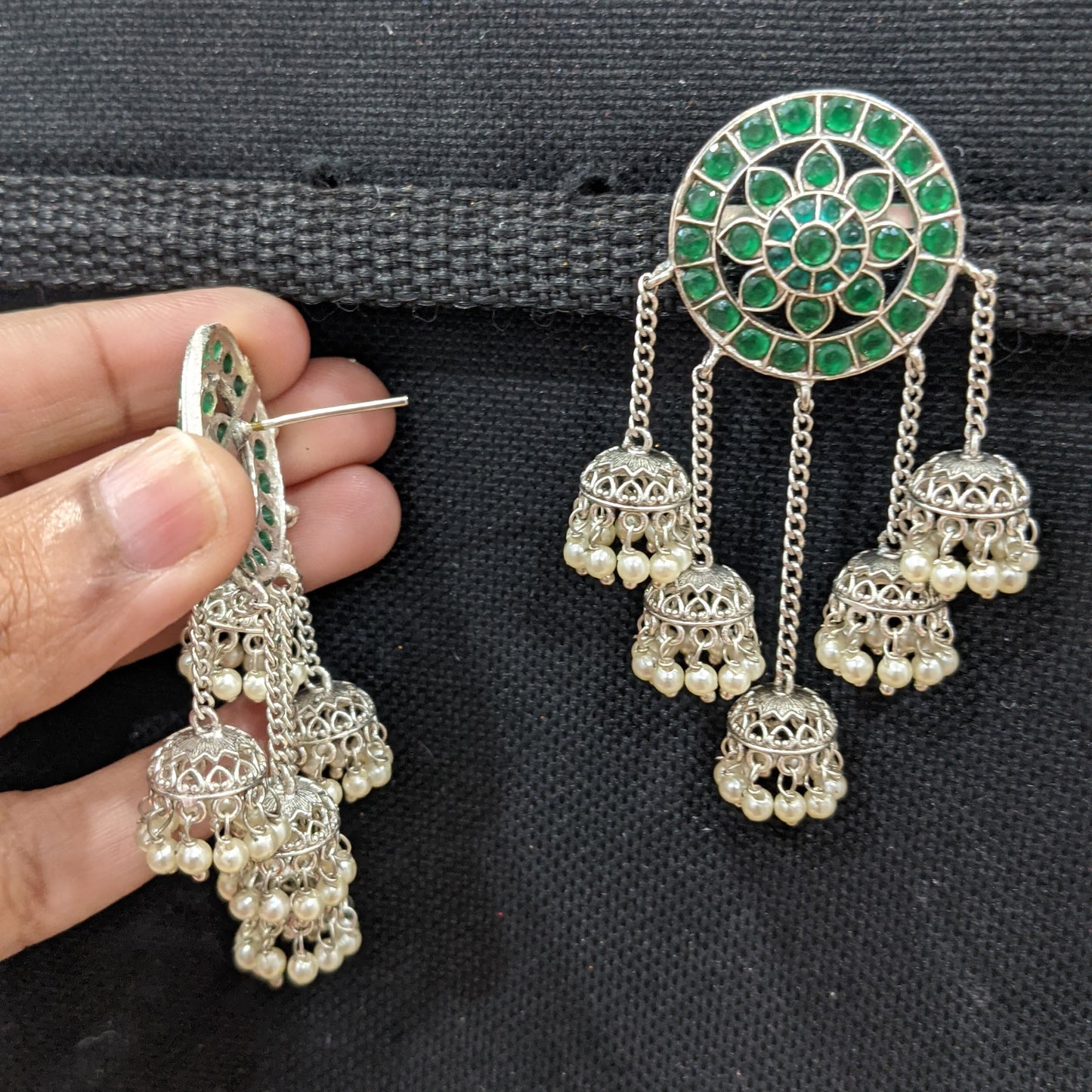 Triple jhumka dangle Silver Rhodium earrings