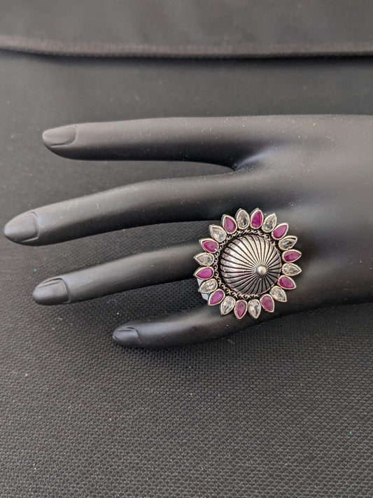 Oxidized silver flower with projected center design adjustable Finger ring - Simpliful