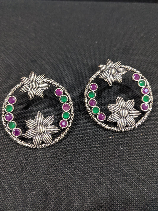 Double flower design oxidized silver CZ stone Large Stud Earrings