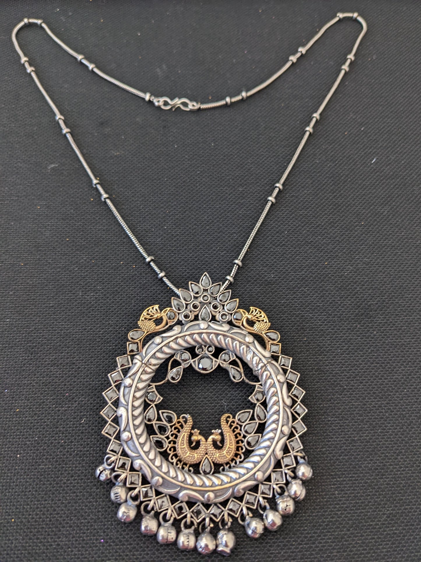 2 tone German silver Kemp stone Peacock Pendant Chain Necklace