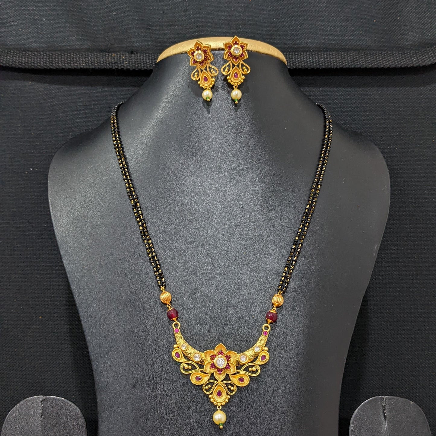 Mangalsutra - CZ Pendant and Earrings set - Dual strand - Flower design