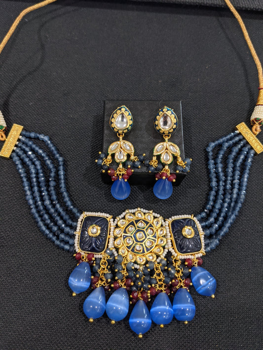 Multi stranded crystal bead Kundan Choker Necklace Earrings set