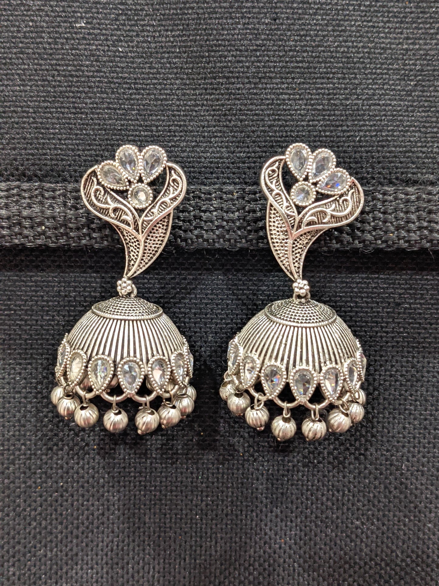 CZ stone Bright Silver Flower jhumka earrings