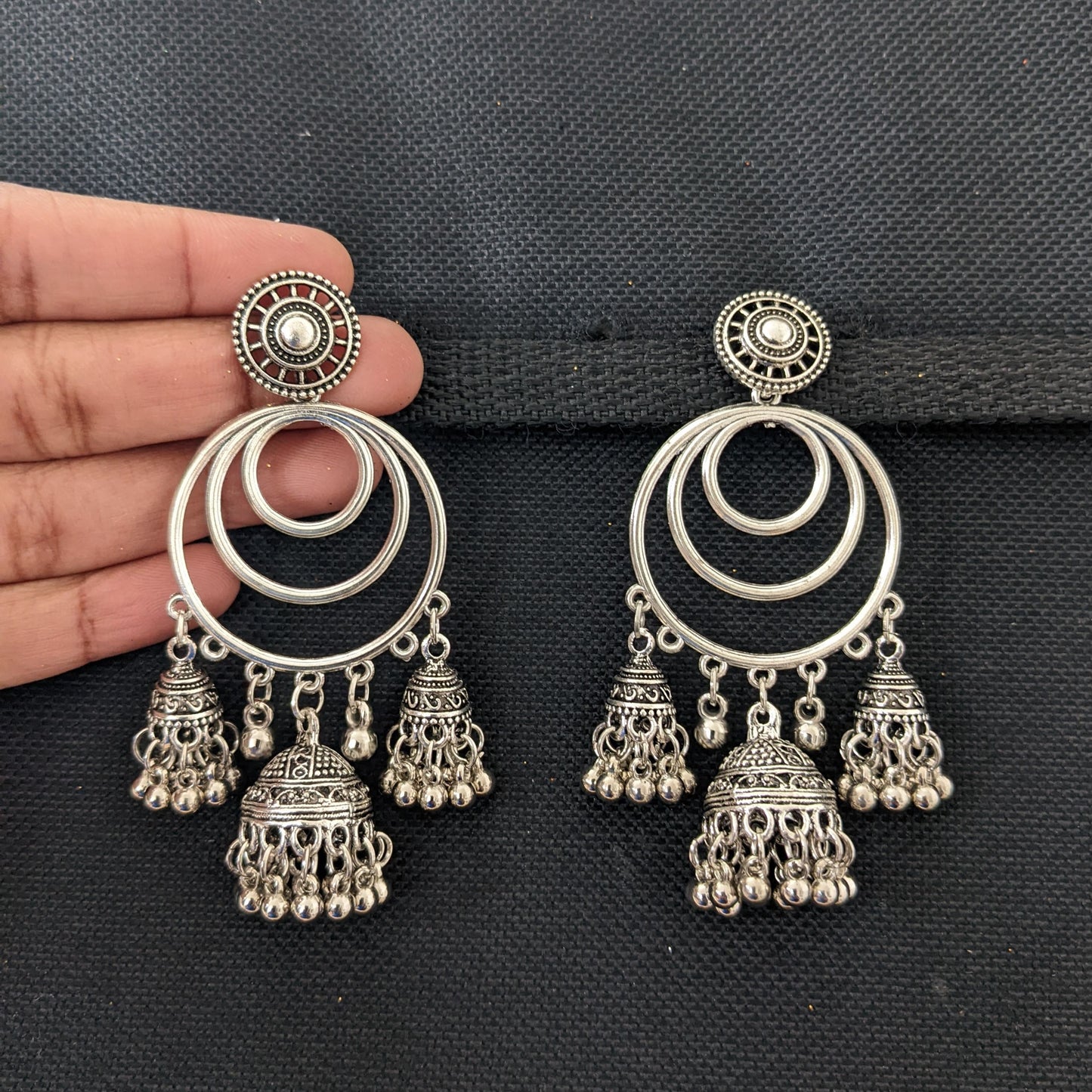 Multiple jhumka hanging Oxidized Silver Long earrings - 3 different designs