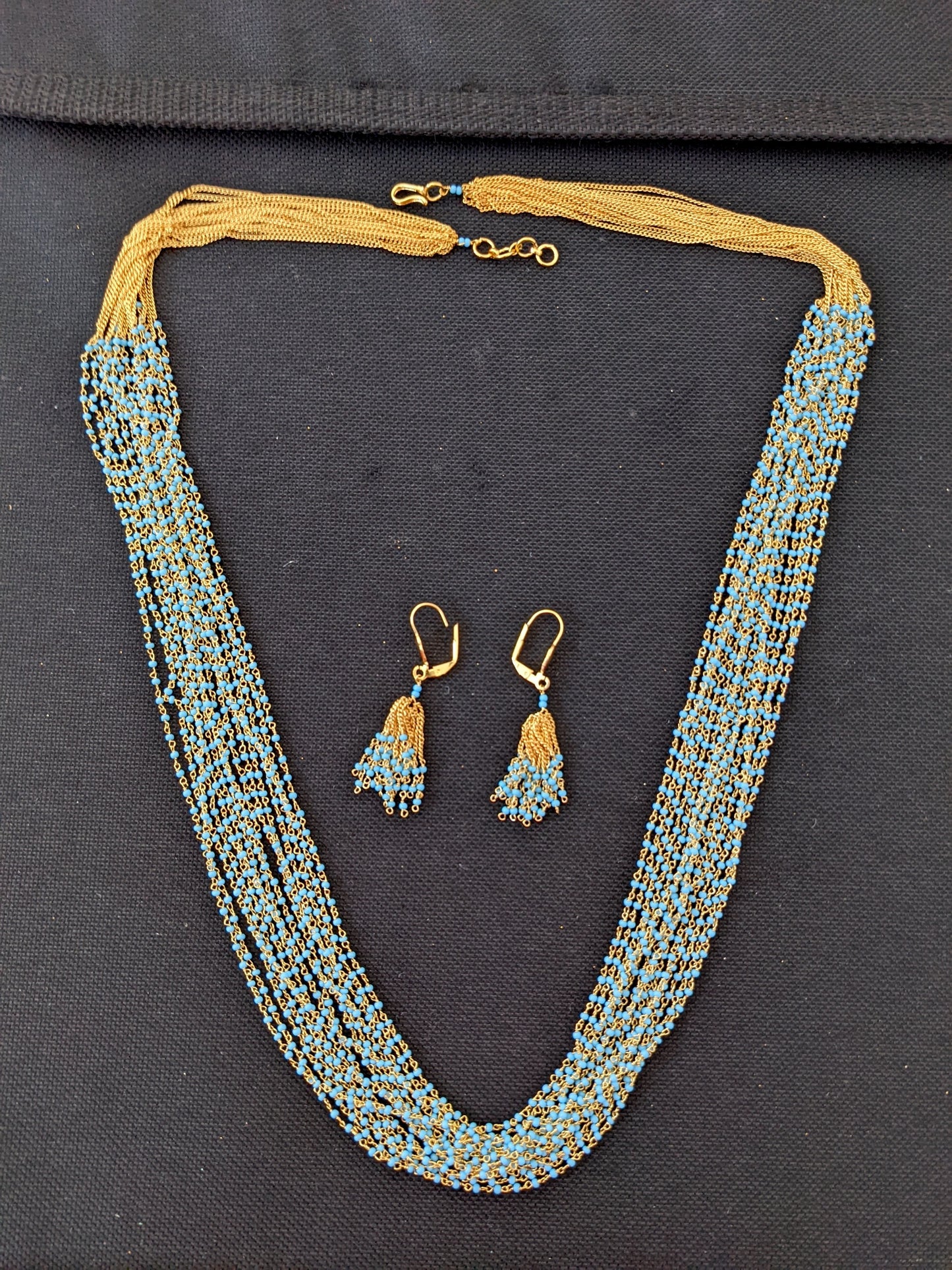 Multi stranded tiny bead Long Chain Necklace and earrings set