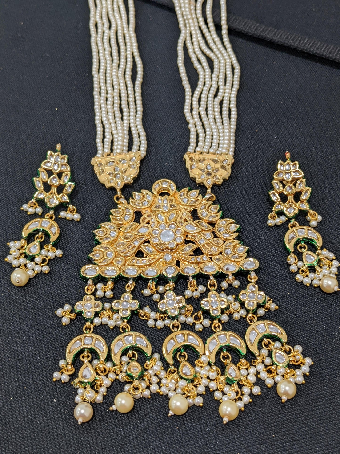 Multi stranded Pearl Long Necklace Kundan Pendant and Earrings set