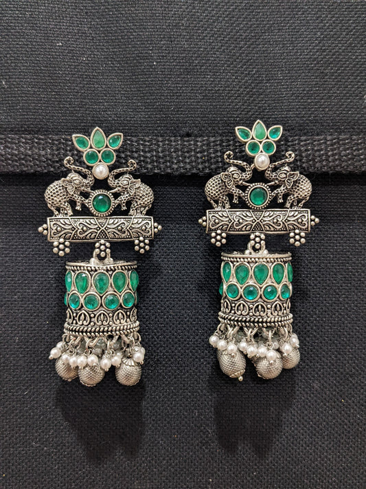Elephant design Silver Rhodium Flat Jhumka earrings