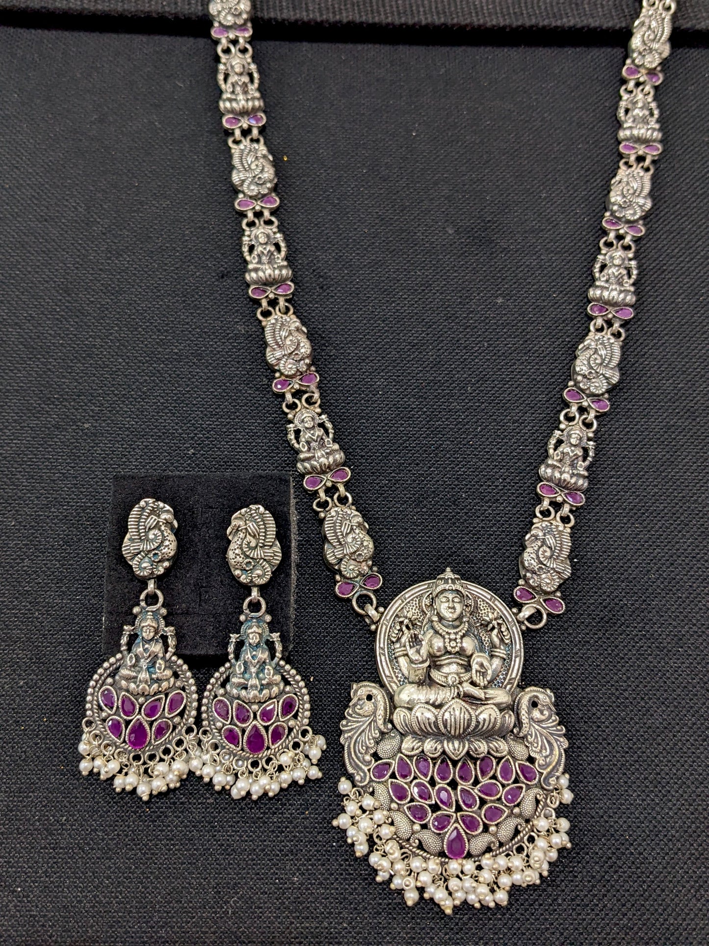Lakshmi ji design CZ stone German Silver Long haram and earrings set