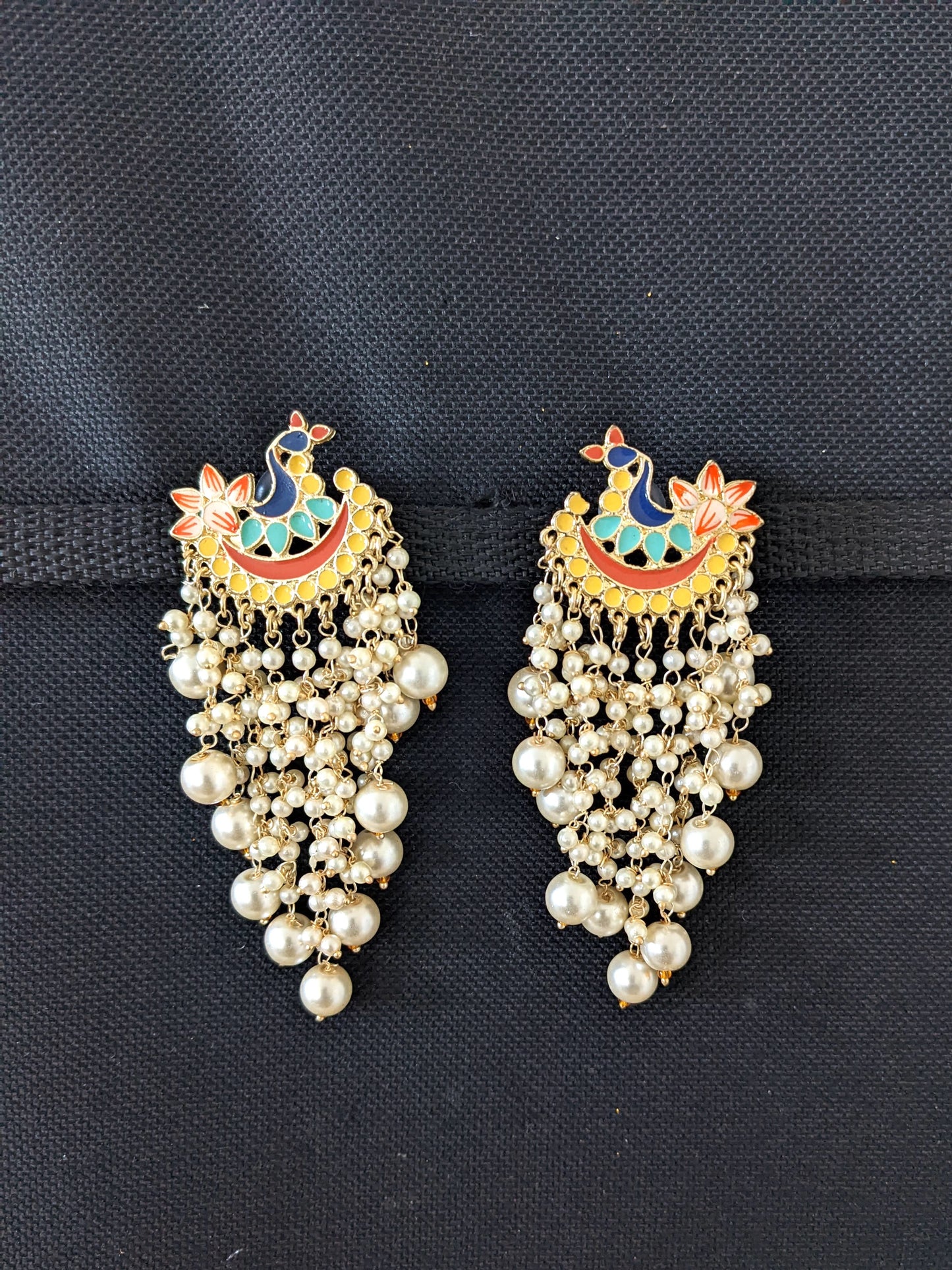 Peacock Stud Pearl cluster Tassel style Enamel Earrings