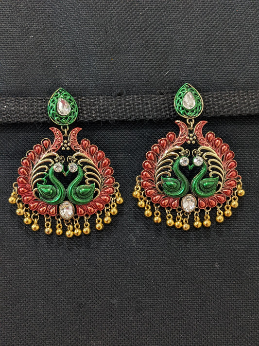 Tear drop stud with matte meenakari work gold bead hanging dual peacock antique earring - Simpliful