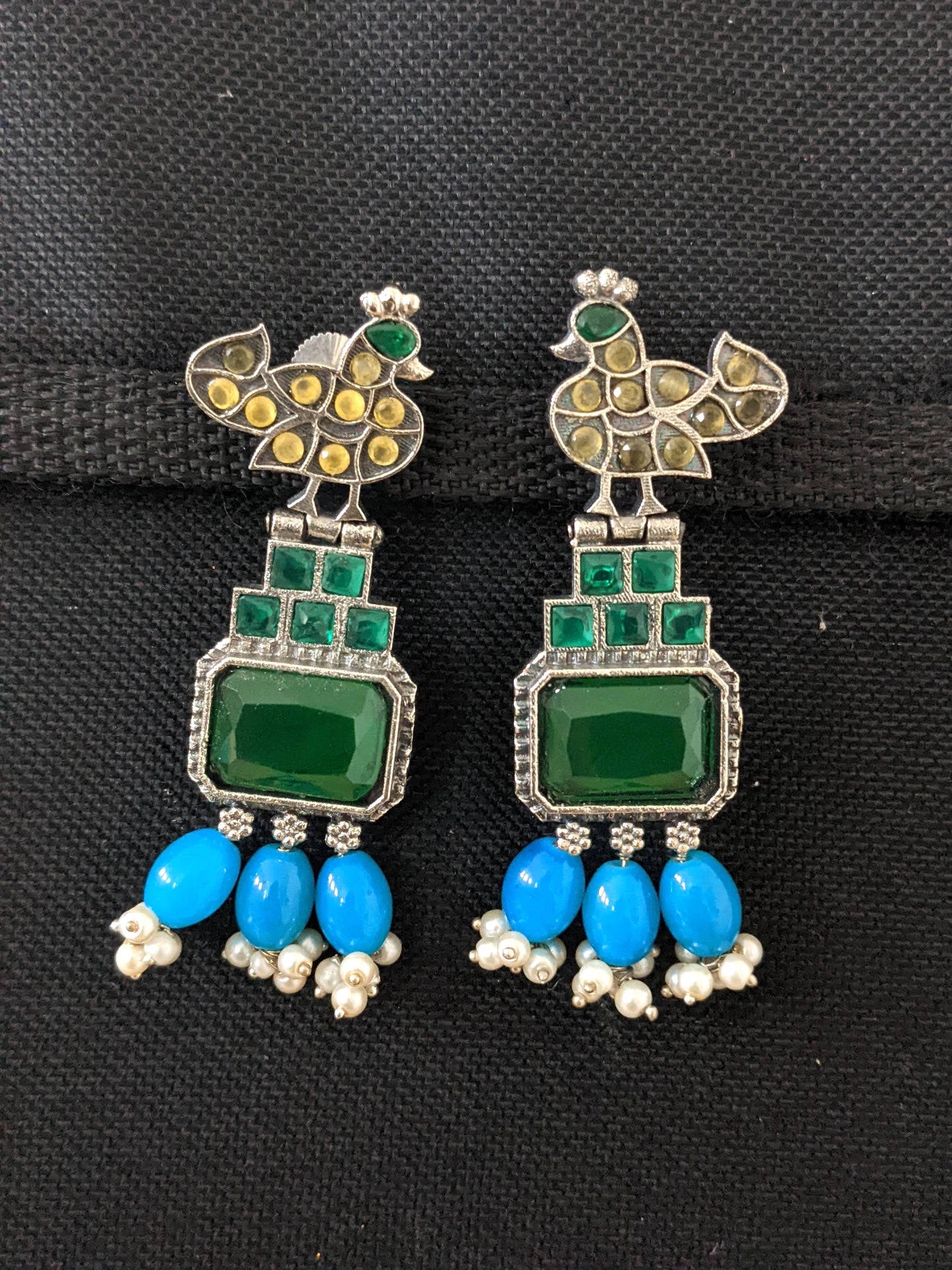 German Silver Peacock Stud bead dangle CZ Earrings