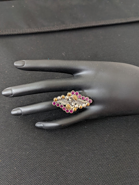 Dual tone German silver Peacock long Adjustable Finger ring - Simpliful