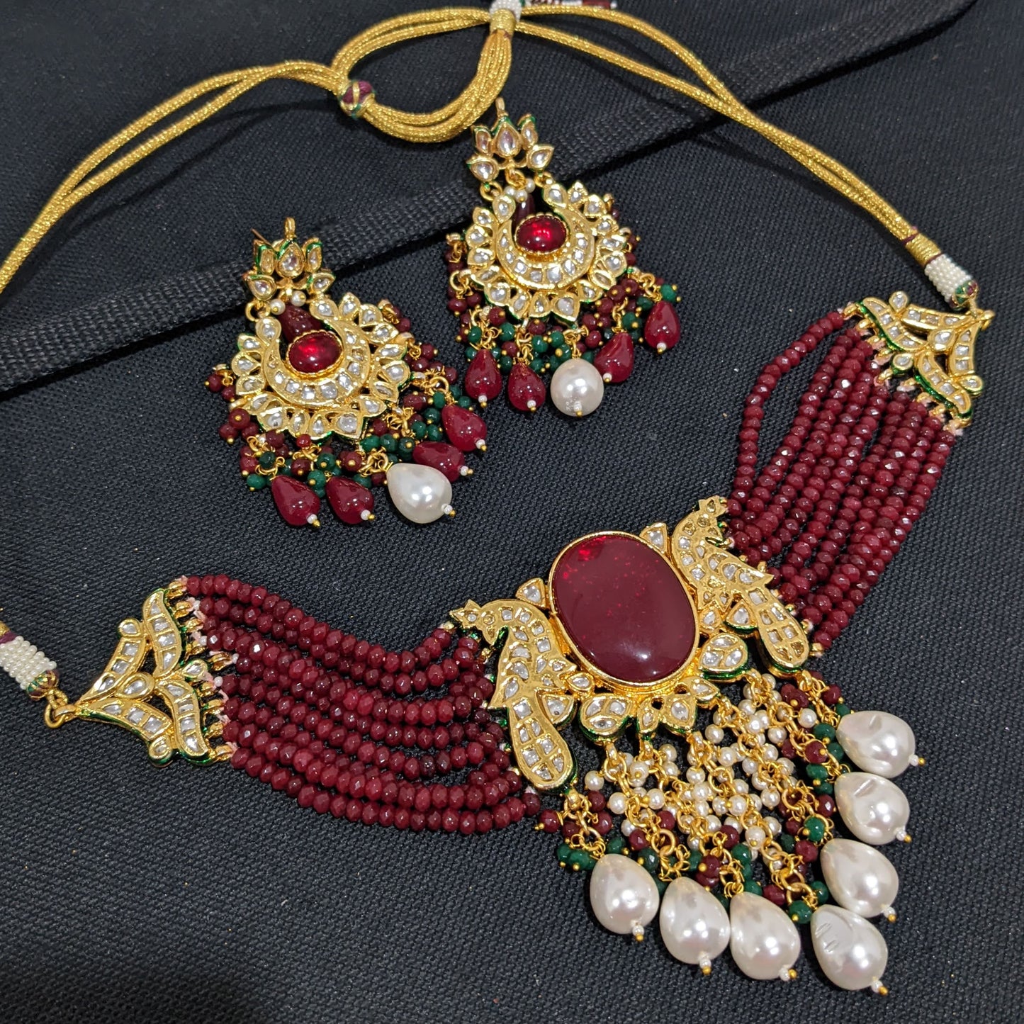 Multi stranded crystal bead Kundan Statement Choker Set