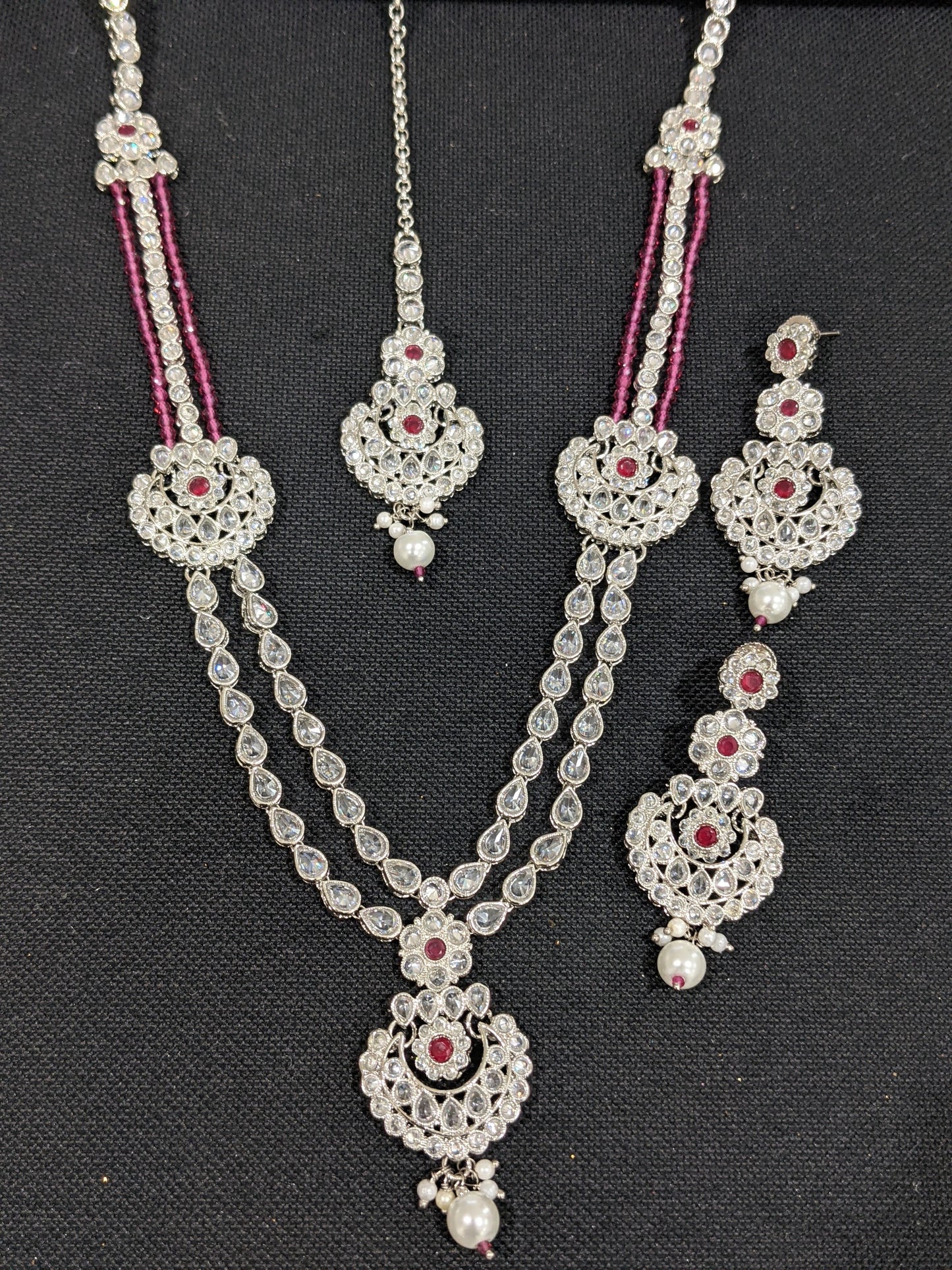 Shiny polki stone Silver Rhodium plated Long Haram Necklace Set