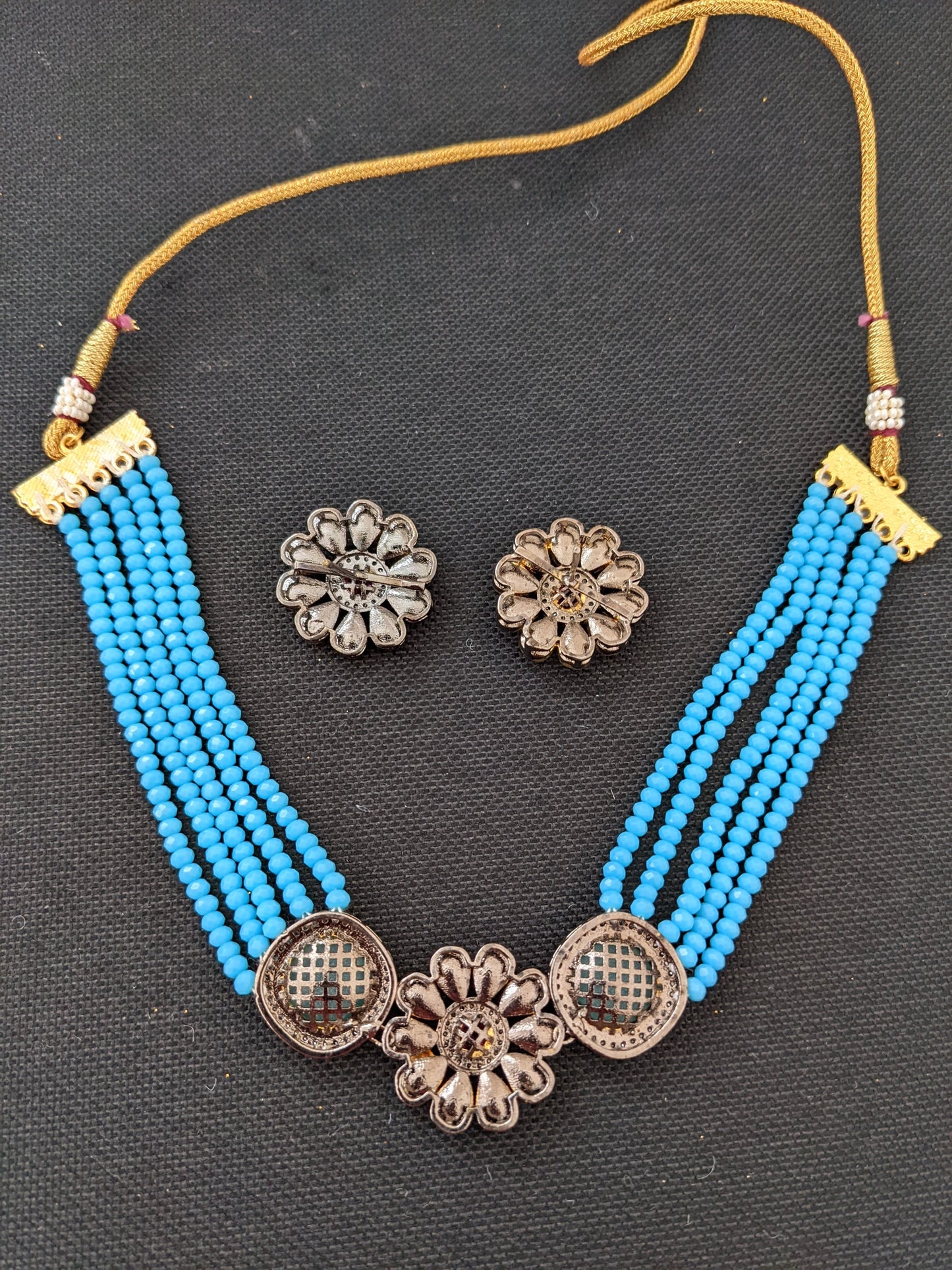 Kundan flower pendant with Light blue crystal bead choker necklace and stud earring set - Simpliful