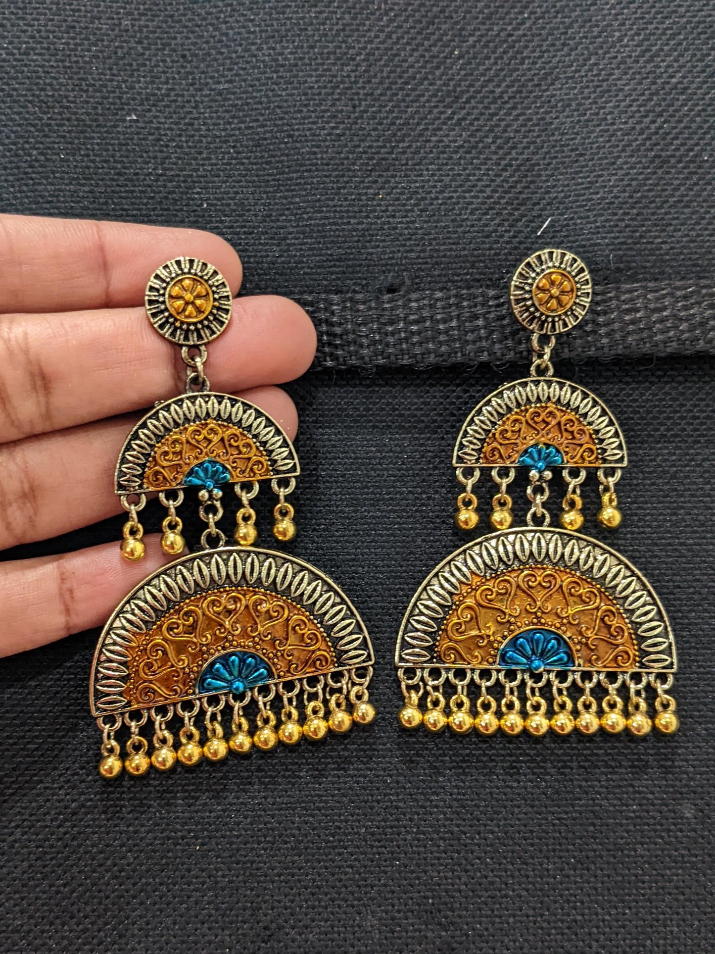 Round stud with matte meenakari work gold bead hanging double semi circle linked antique earring - Simpliful