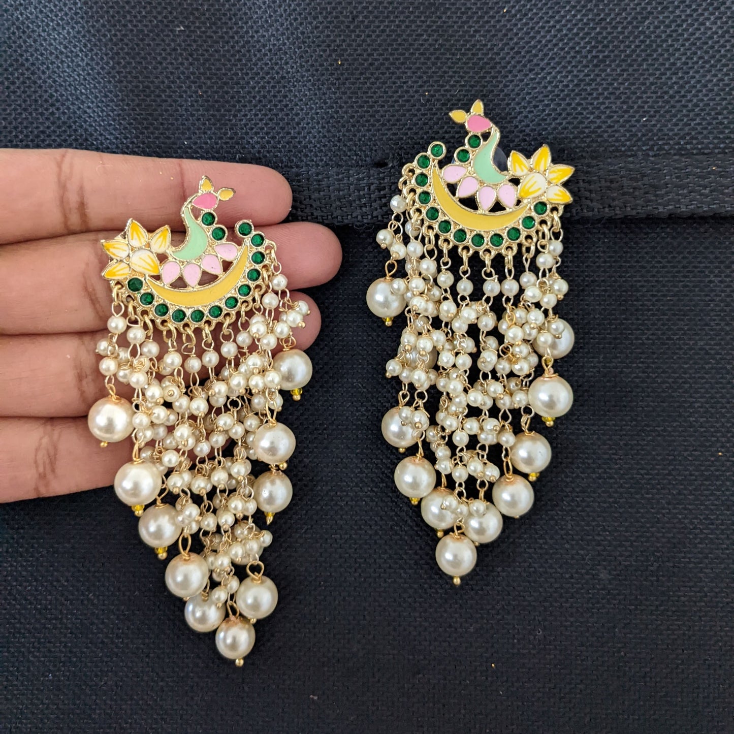 Peacock Stud Pearl cluster Tassel style Enamel Earrings