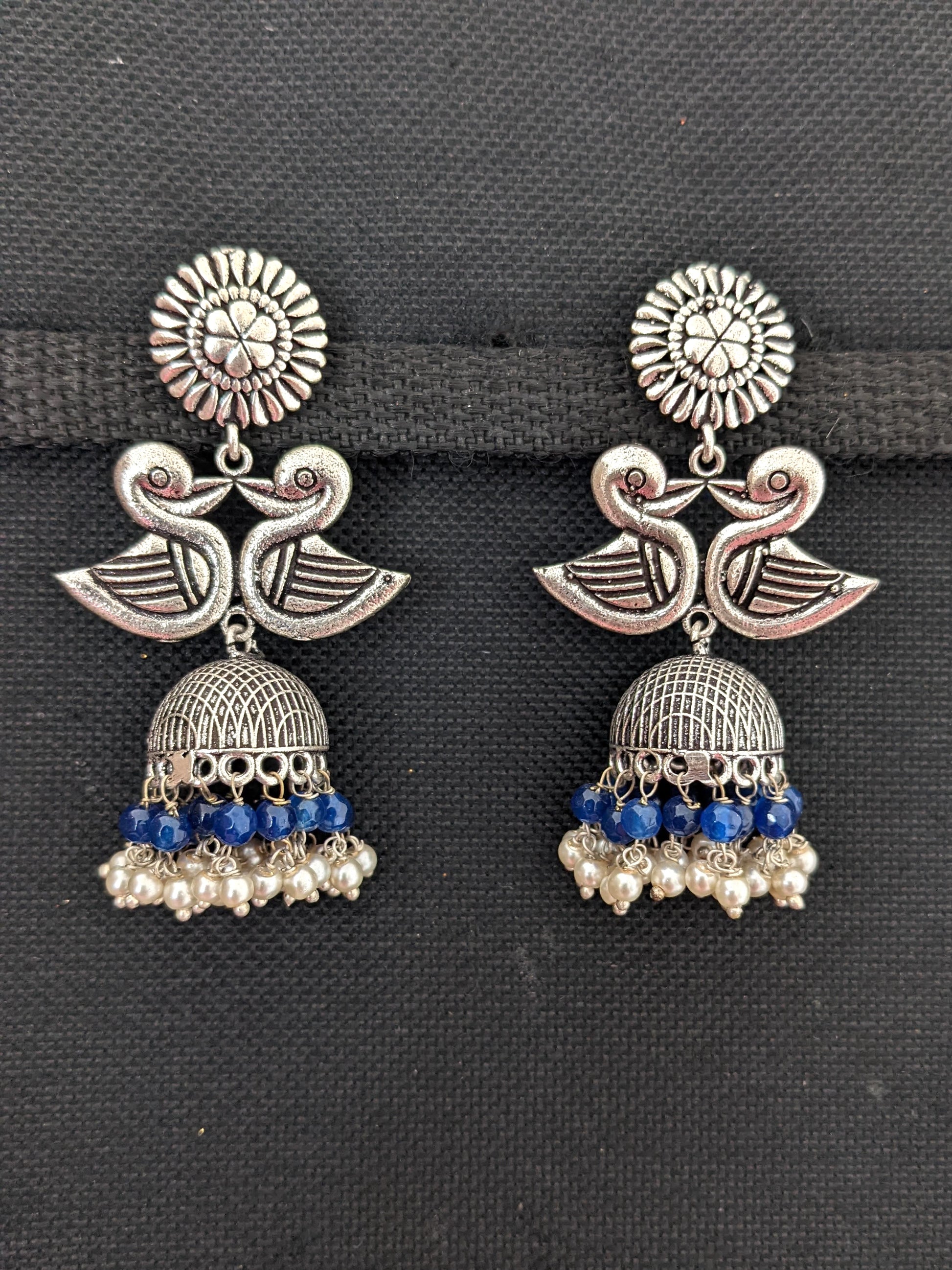 Oxidized silver dual swan jhumka Earrings - Simpliful