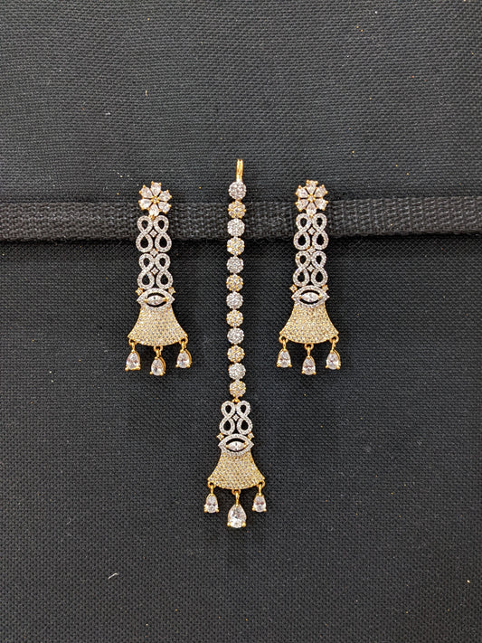 One gram gold plated designer CZ earrings with Maang Tikka