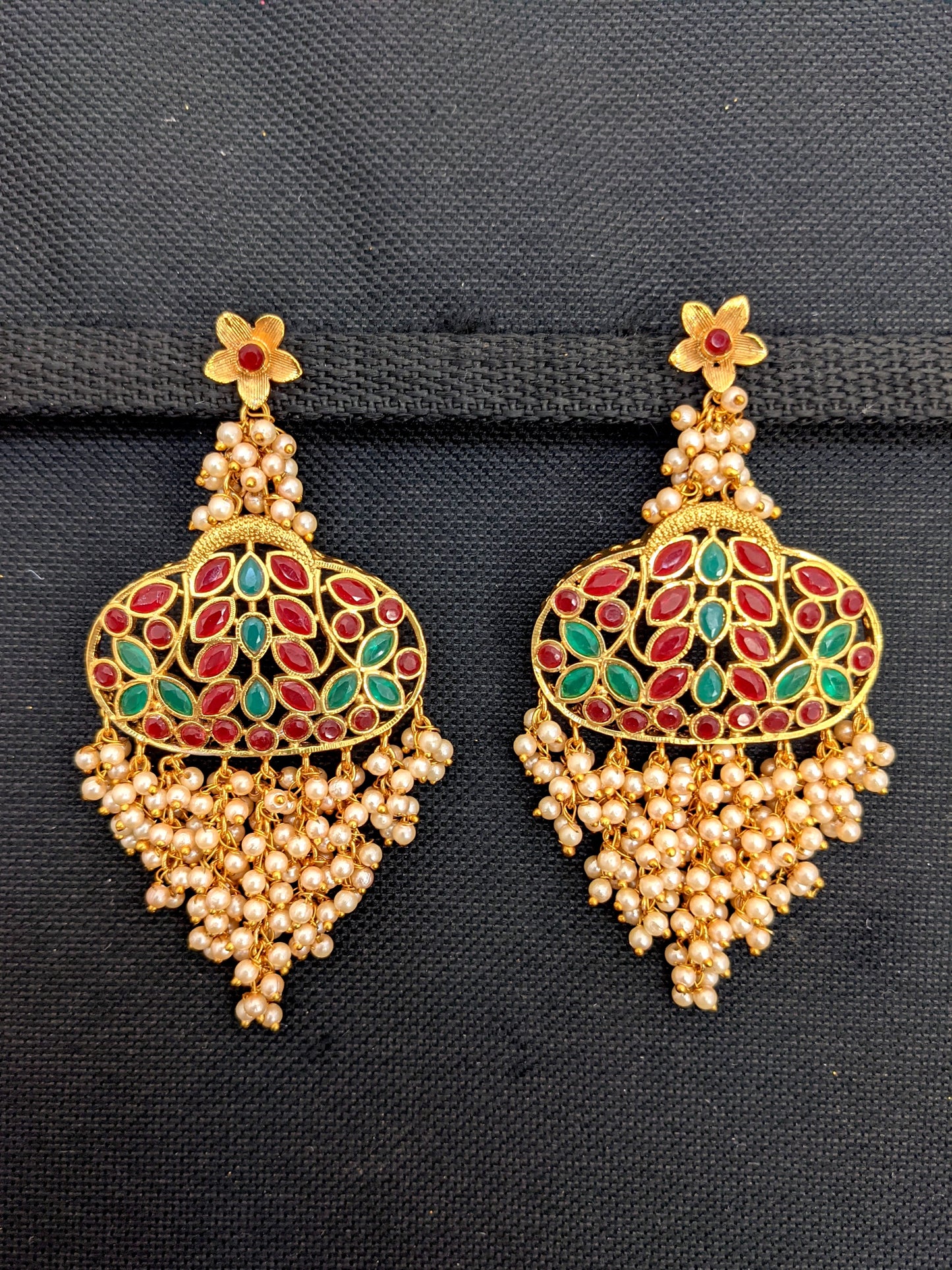 Statement earrings - Pearl cluster bead tassel polki stone Earrings
