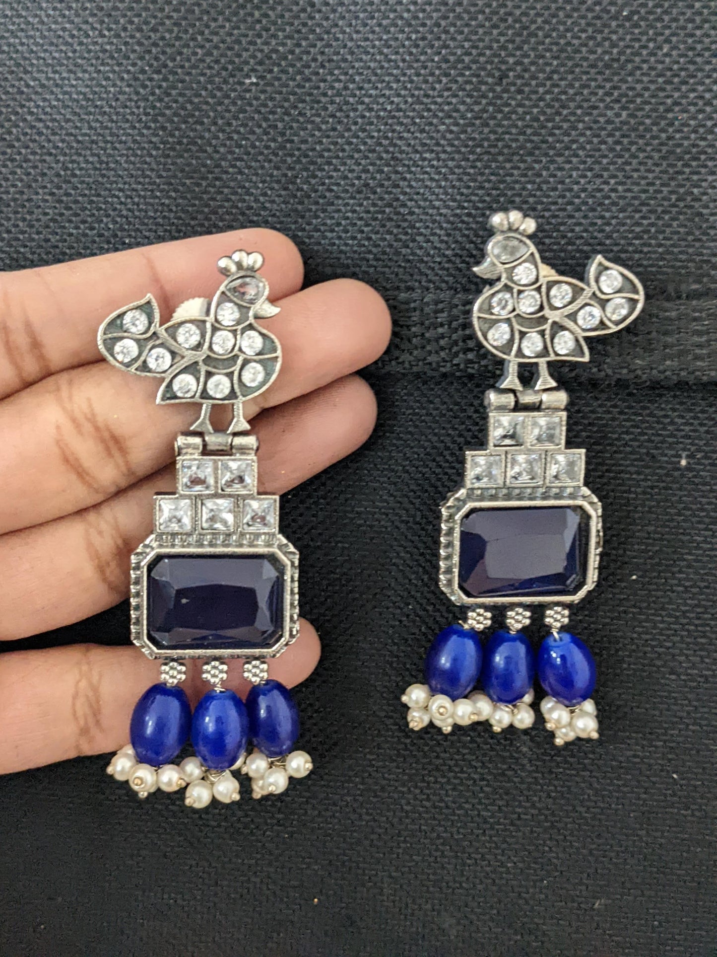 German Silver Peacock Stud bead dangle CZ Earrings