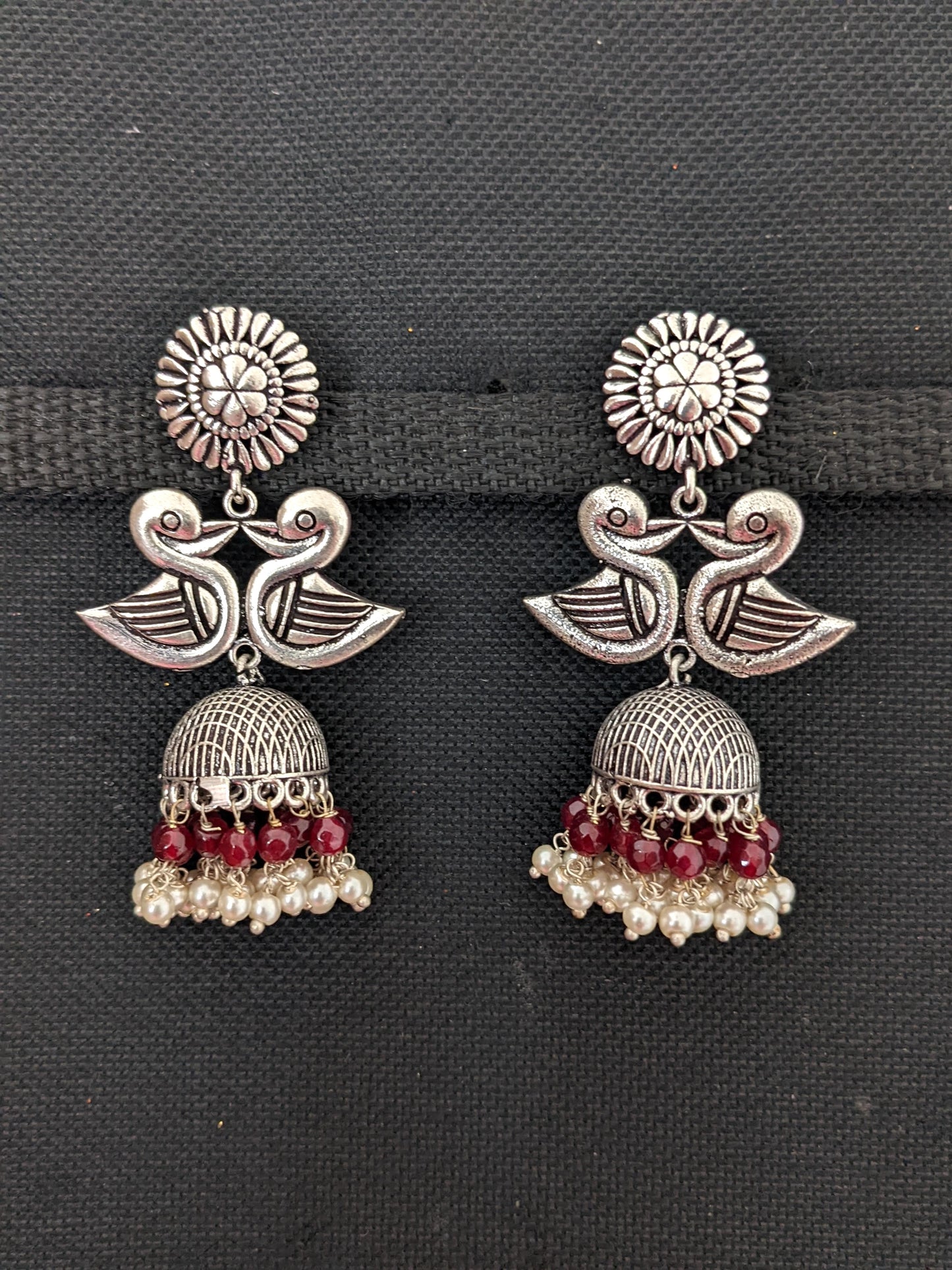 Oxidized silver dual swan jhumka Earrings - Simpliful