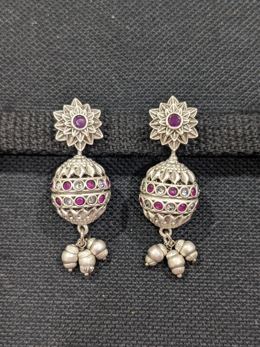 Flower stud with ball dangle Bright Silver matte polished Earrings