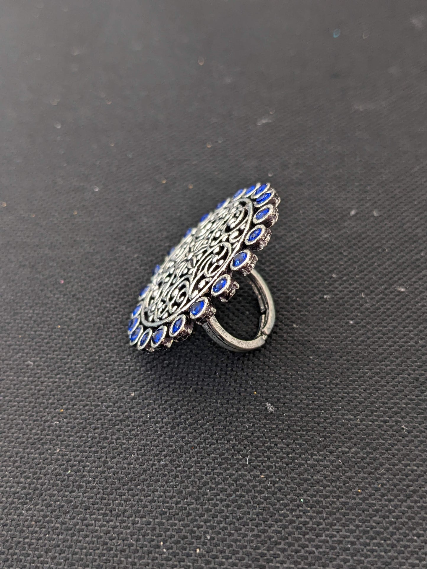 Oxidized  Silver Blue Polki Adjustable Finger ring
