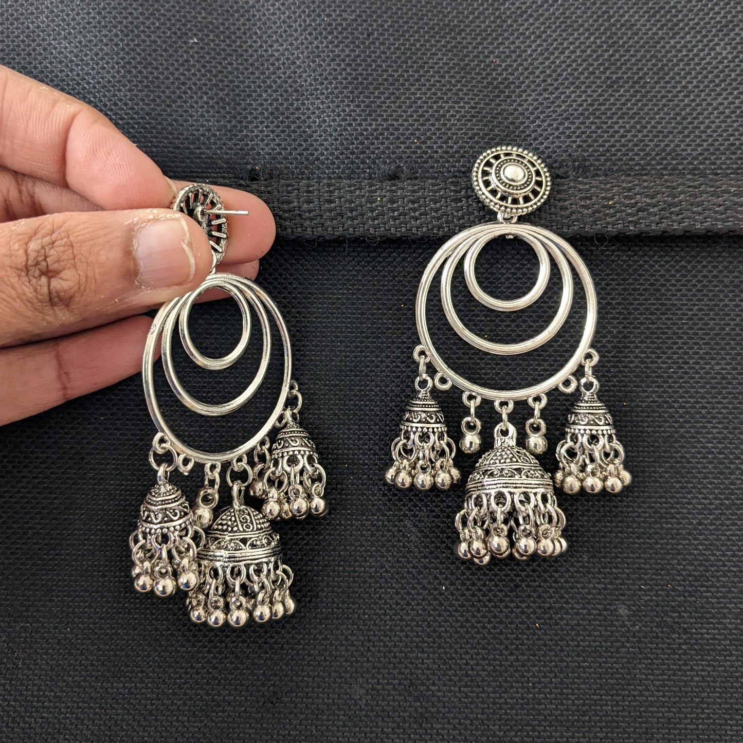 Multiple jhumka hanging Oxidized Silver Long earrings - 3 different designs