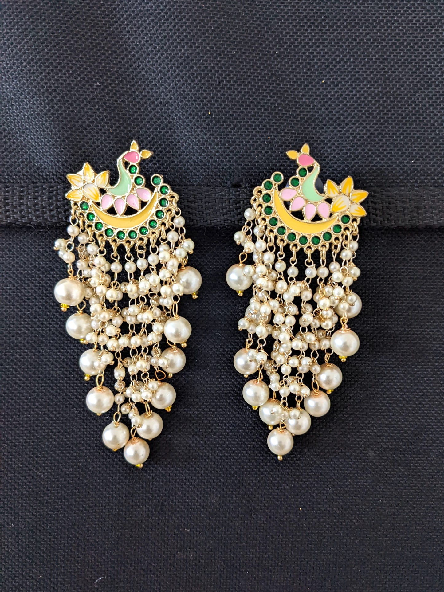 Peacock Stud Pearl cluster Tassel style Enamel Earrings