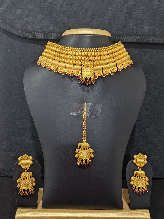 Elephant design Rajwadi polish Broad Choker Necklace and Earrings set