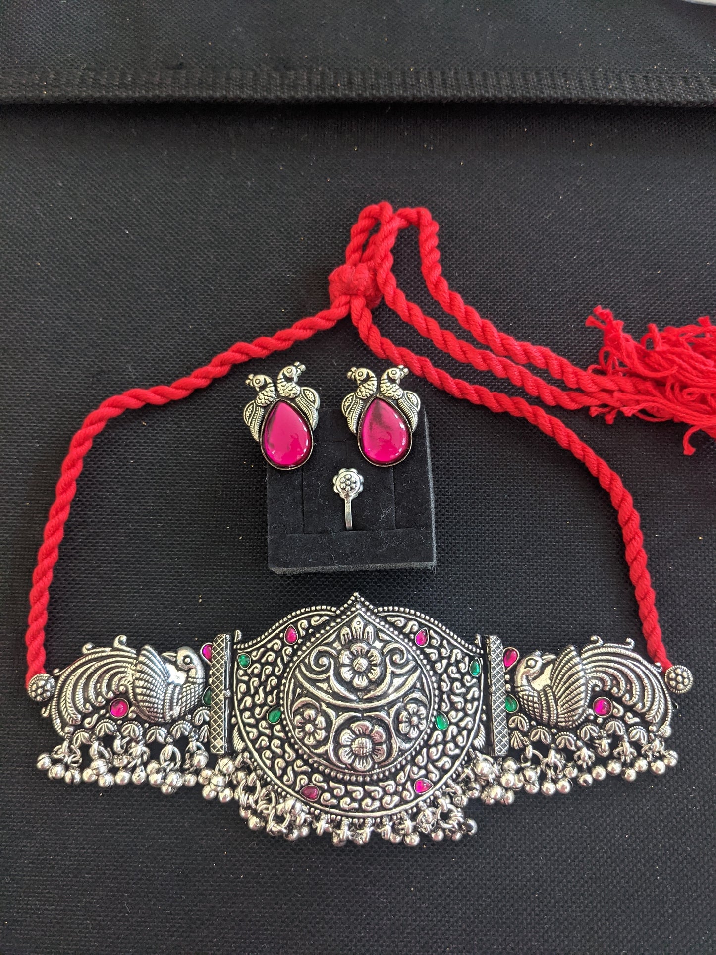 Kholapuri Oxidized Silver Choker Necklace Combo Set