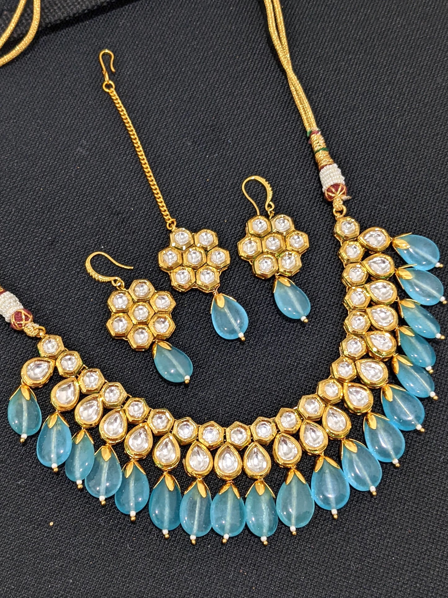 Light blue bead Kundan Choker necklace Combo Set